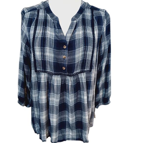 WRANGLER Boho Peasant Top Blouse Flowy Small Plaid Yoke Crochet Blue Casual - Picture 8 of 8